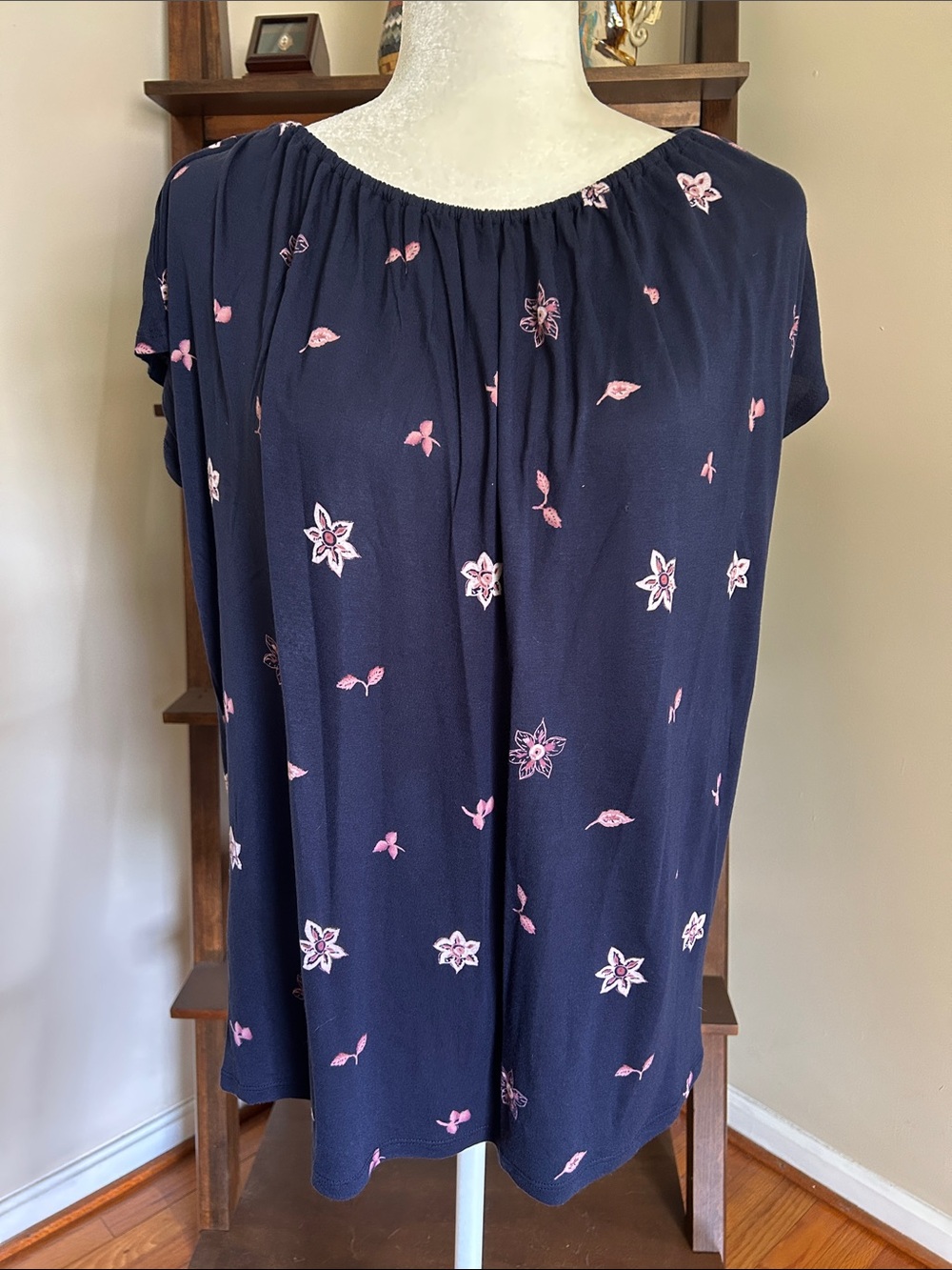 LOFT Navy Blue Blouse with Pink Floral Print